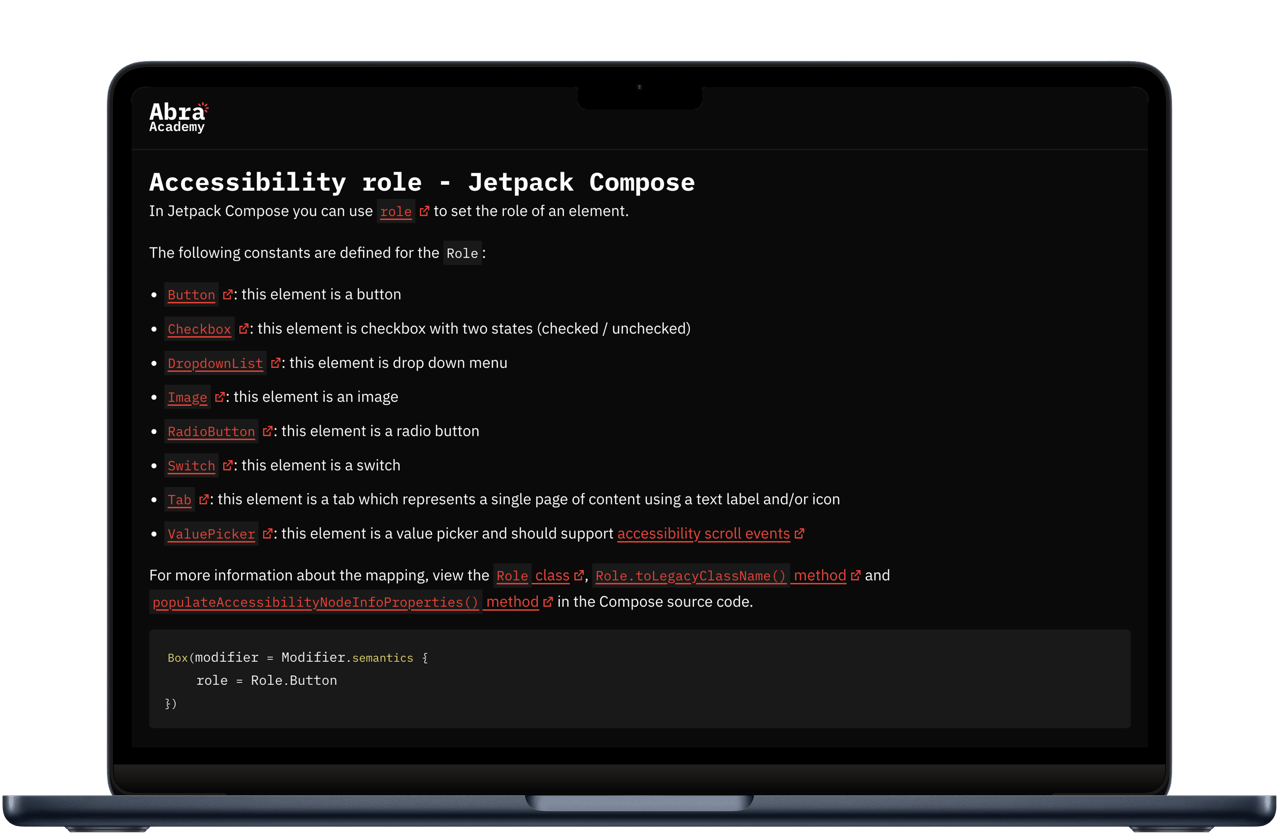 Abra Academy displays a list of accessibility rules which have specific testing criteria