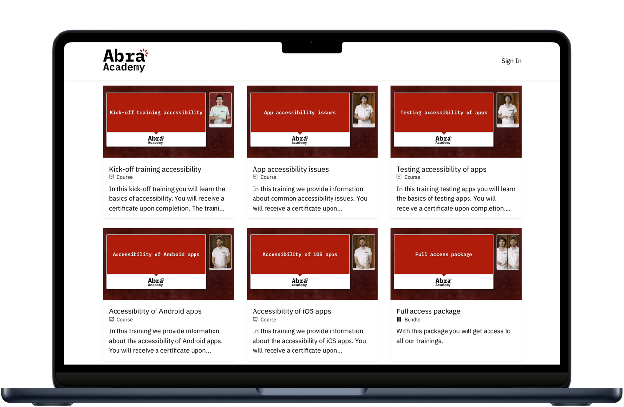 Screenshot of the Abra Academy, showcasing 5 courses and 1 bundle