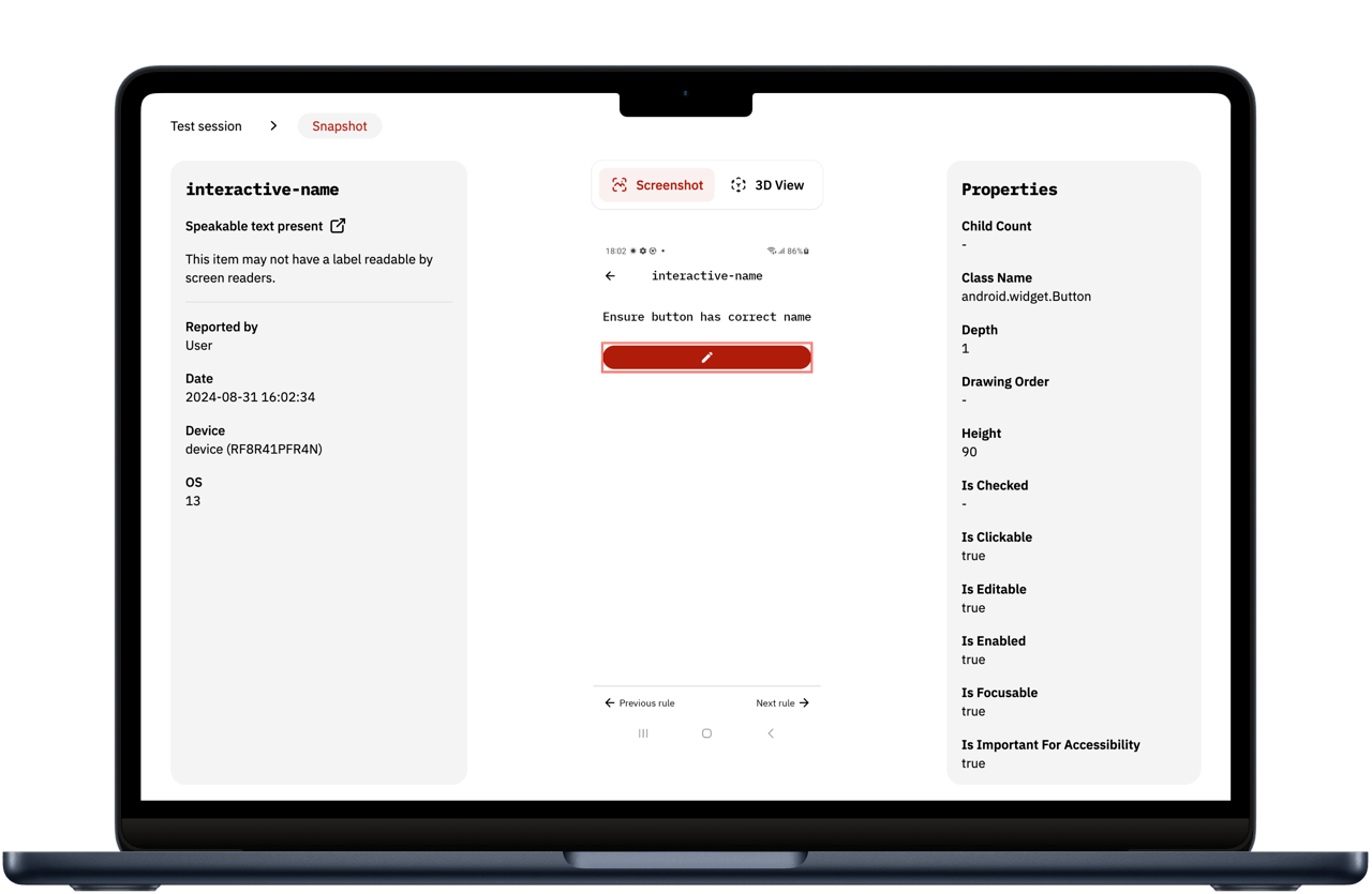 Snapshot of an accessibility issue showing detailed information and a list of properties