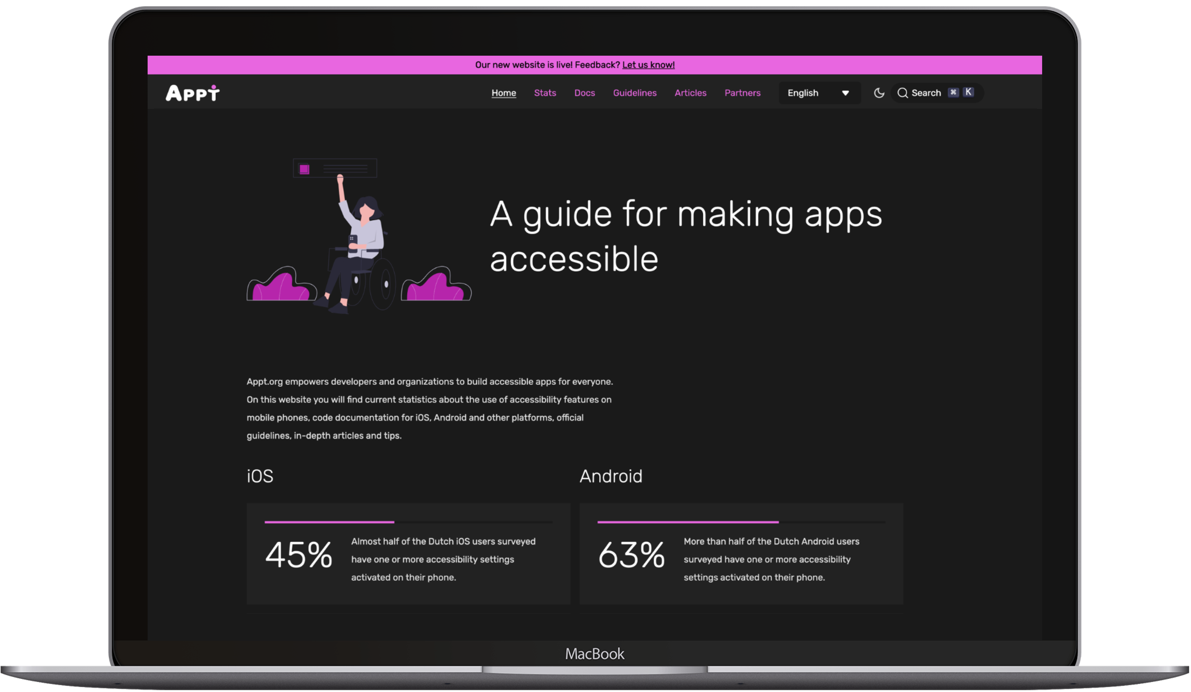 A Macbook screen displays a website titled "A guide for making apps accessible" with statistics on app accessibility for iOS and Android.