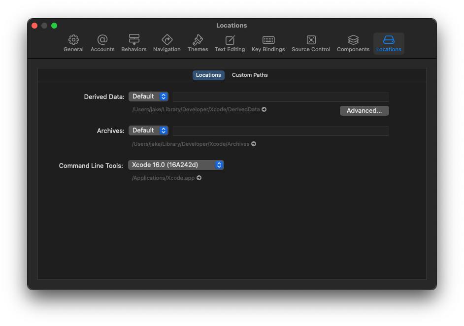 Screenshot of Xcode settings window with the 'Locations' tab active. The interface displays various settings related to derived data, custom paths, and toolchains. Options for specifying locations of build tools, derived data folder, and command line tools are visible.