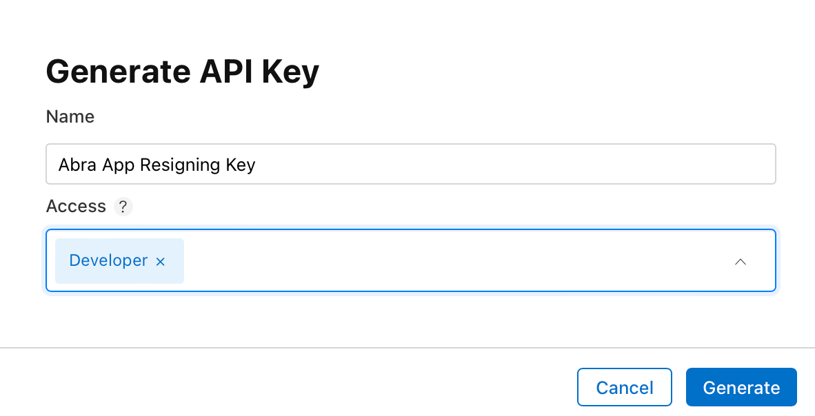 The image shows the Apple Developer Portal screen for generating an API key, with "Abra App Resigning Key" as the name and "Developer" as the selected access level.