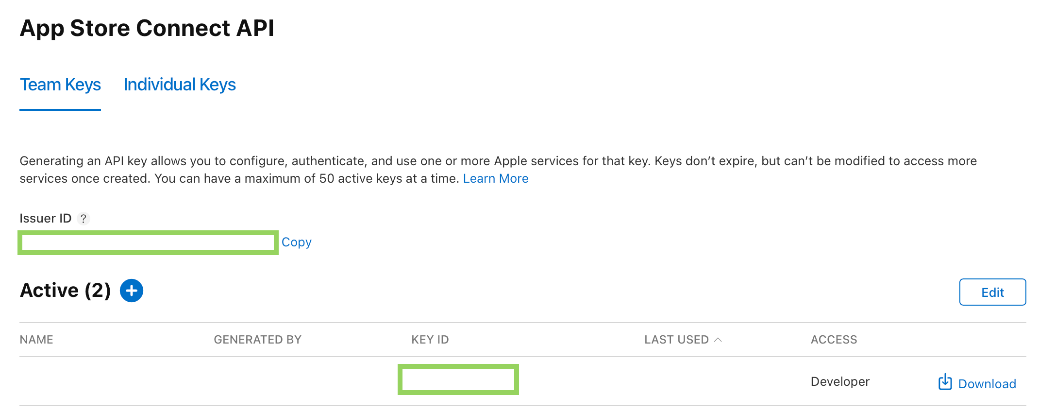 The image shows the "App Store Connect API" section with an Issuer ID and a list of active API keys.