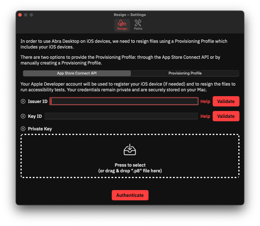 The image shows Abra Desktop settings screen. It displays a form for App Store Connect API authentication.