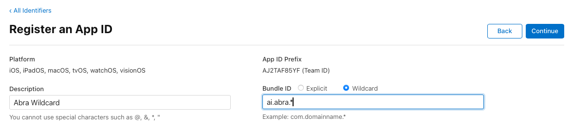 The image shows App Store Development Portal page with the input form to create a new App ID. Wildcard radio button is selected. The value for Bundle ID field filled with "ai.abra.*".