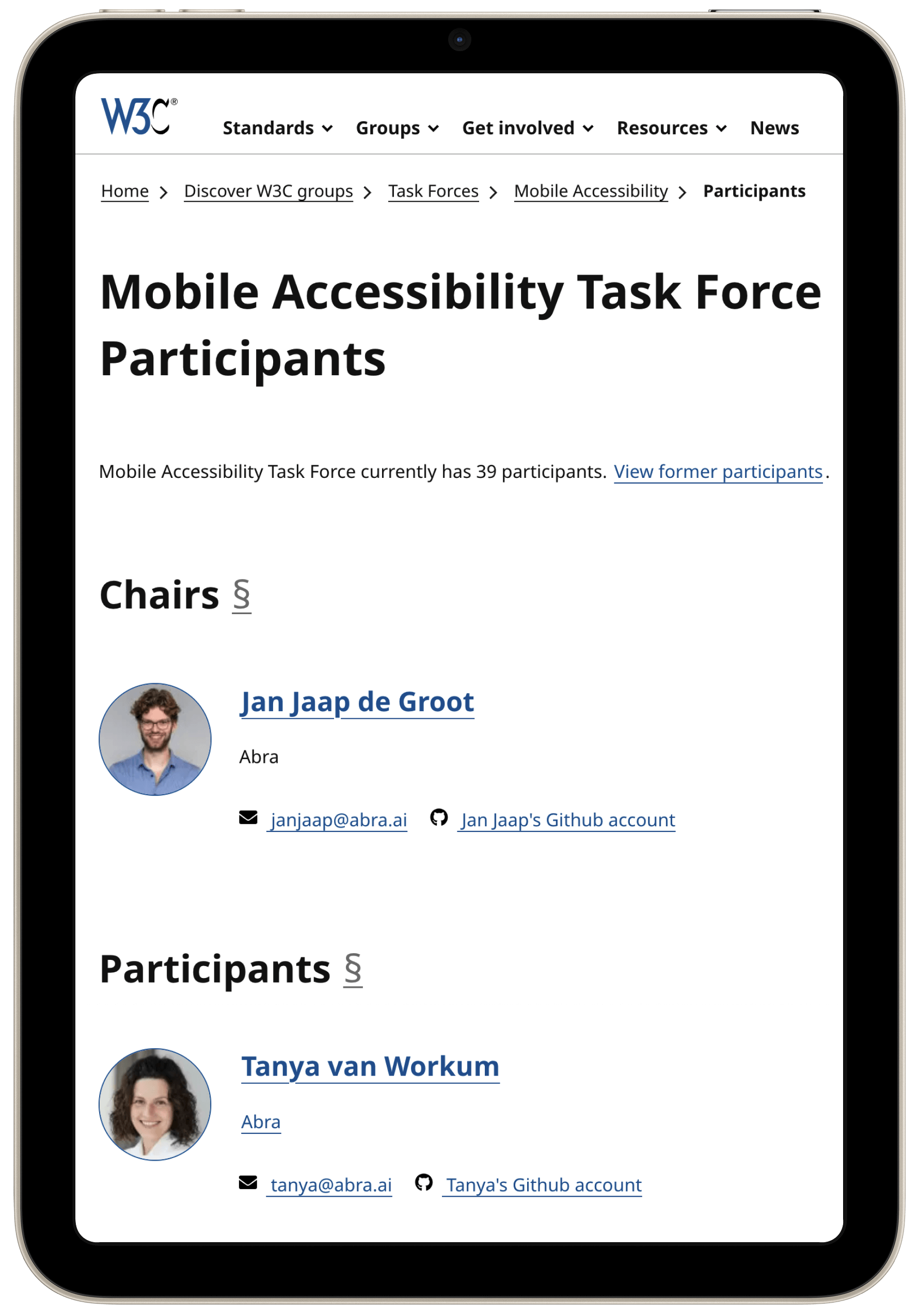 Screenshot of the Mobile Accessibility Task Force page on the W3C website, listing Jan Jaap as Chair ans Tanya as Participant